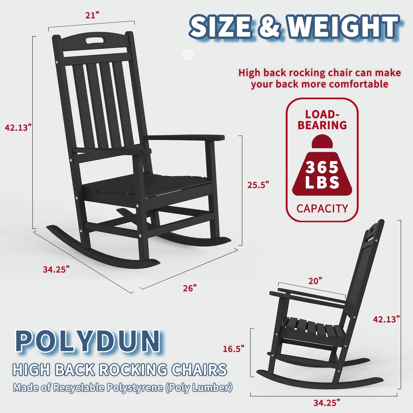 POLYDUN Outdoor Rocking Chair, Looks Like Wood, High Back Poly Lumber Patio Rocker Chair, 365Lbs Support, All-Weather Porch Rocking Chair for Lawn, Backyard, Indoor, Garden, Black - WoodArtSupply