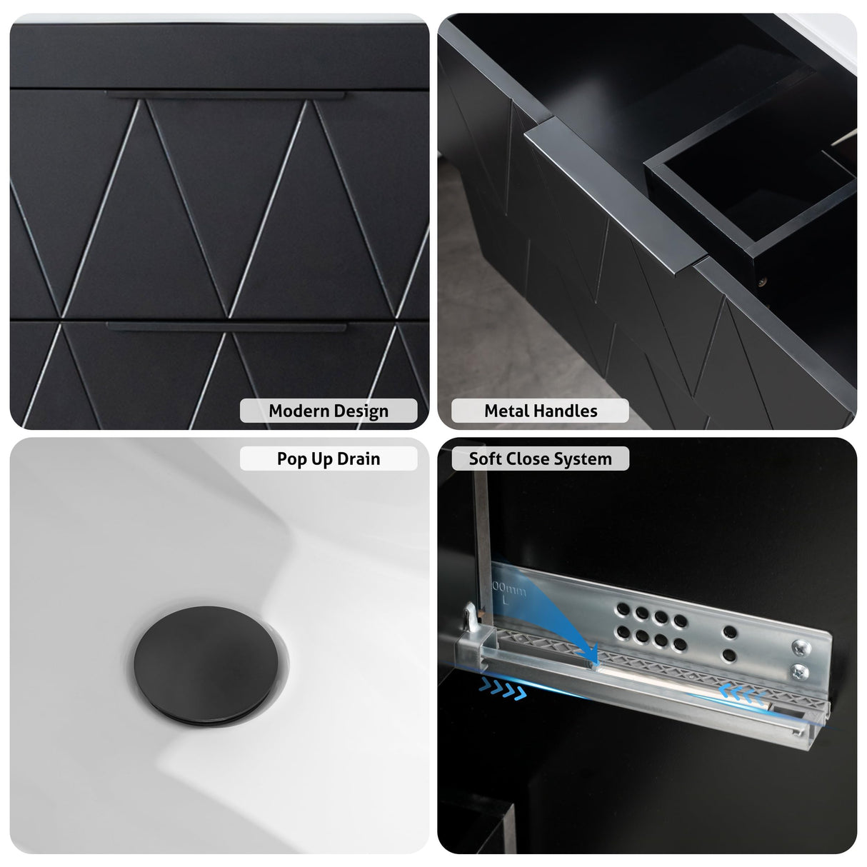 eclife 30" Bathroom Vanities Cabinet with Sink Combo, Wall Mounted Floating Cabinet W/Decor Line, Soft-Close System, 2 Extra Big Drawers, Matte Black Faucet, Black eclife