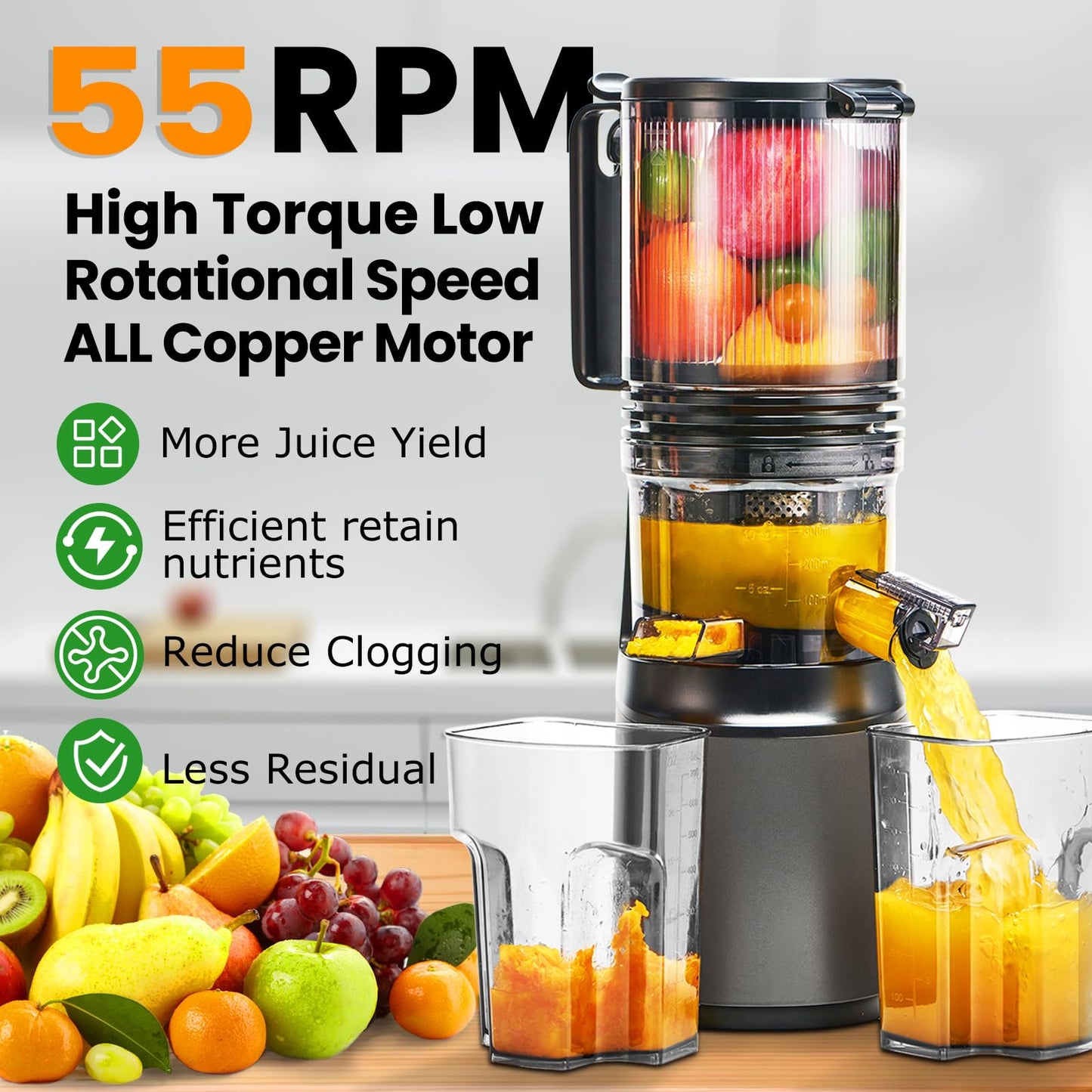 Cold Press Juicer,Slow Masticating Juicer Machines with 5.3" Large Feed Chute for Most Fruits and Vegetables,Easy to Clean Lemon Orange Juicer with 250W Motor and High Juice Yield,Deep Grey