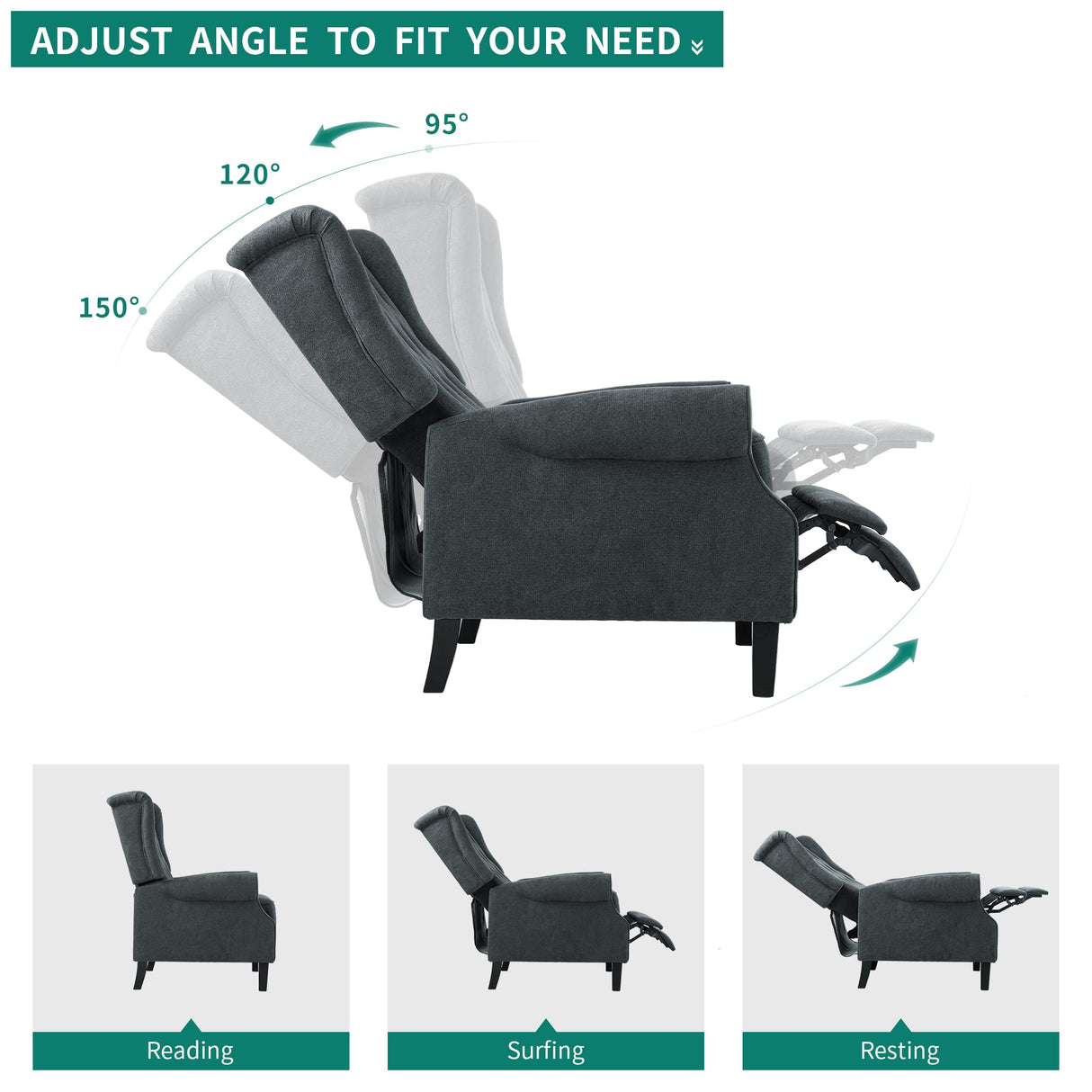 YITAHOME Wingback Push Back Recliner Chair, Modern Accent Arm Chair, Comfy Fabric Upholstered Tufted Accent Lounge Chair for Living Room/Bedroom/Office, Solid Wood Legs, Grey YITAHOME