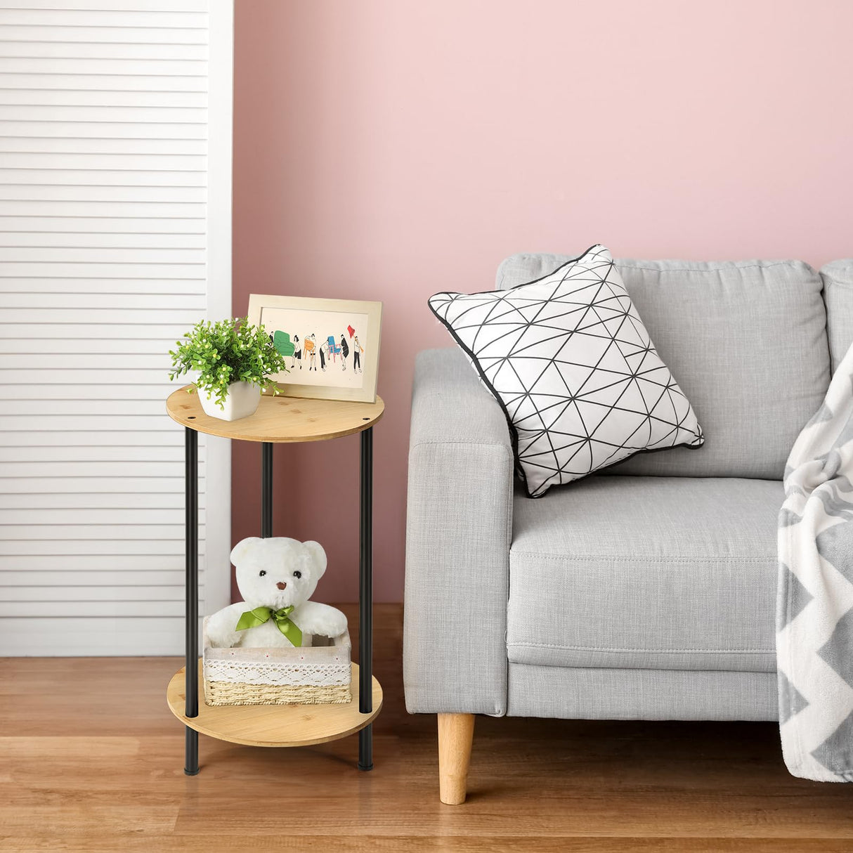 MOOACE End Tables Set of 2, Small Side Table, 2-Tier Round Nightstand Sofa Table Coffee Table with Bamboo Storage Shelves for Living Room, Bedroom MOOACE