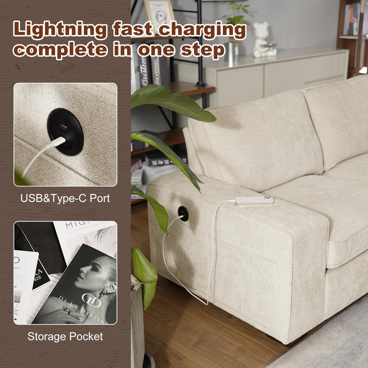 COOSLEEP 99” L-Shape Convertible Sectional Couches Sofas with 190L Storage Chaise,Chenilee Sofas with Removable Cushion and Detachable Cover,USB and Type-c Charging for Living Room COOSLEEP HOME