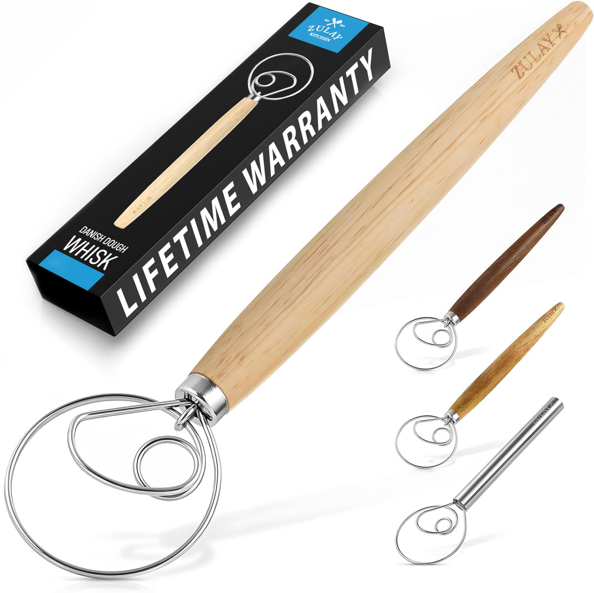 Zulay Kitchen 13-Inch Danish Dough Whisk - Wooden Danish Whisk for Dough with Stainless Steel Dough Hook - Traditional Dutch Whisk - Bread Whisk for Sourdough, Pizza, Pastry, Cake Batter Zulay Kitchen