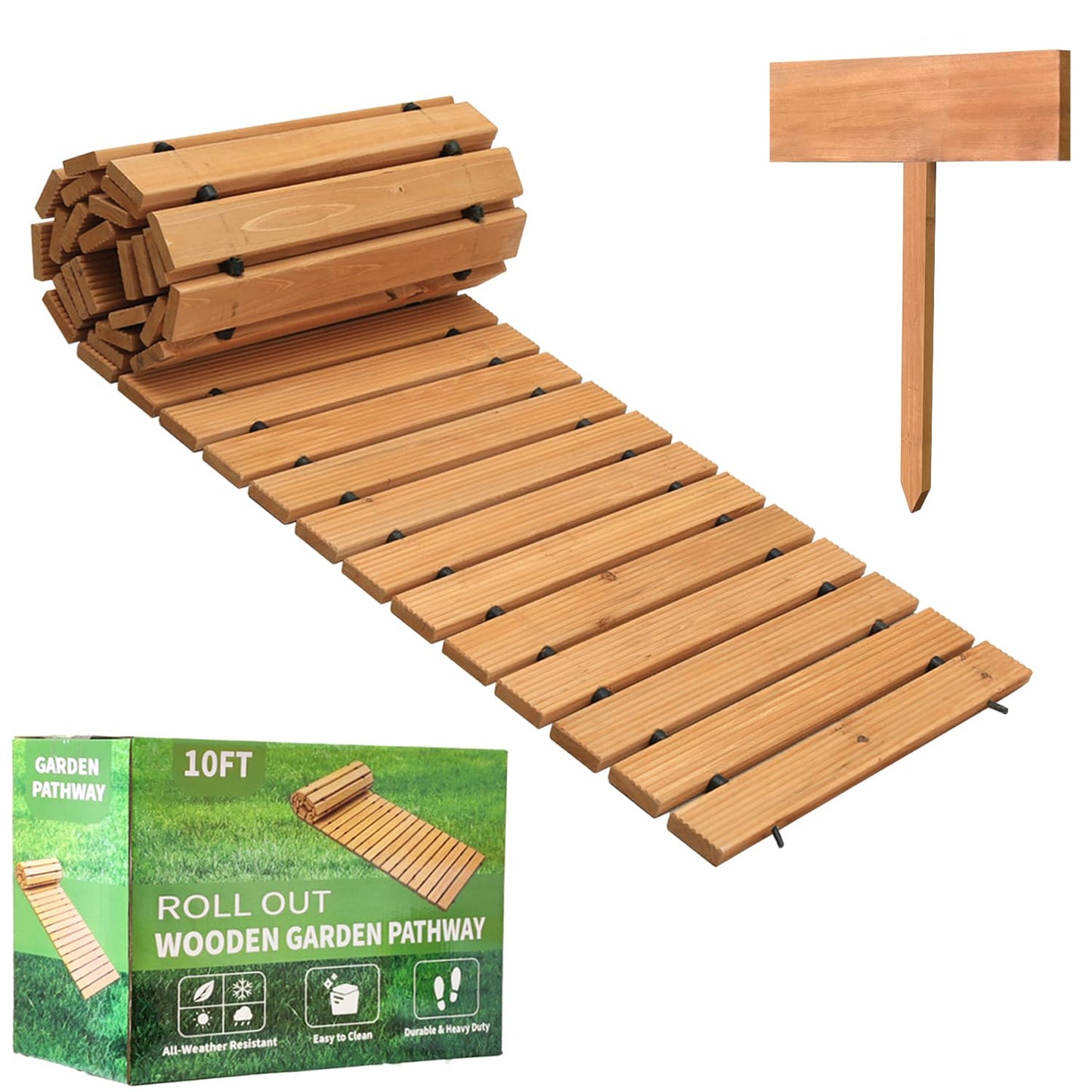 LINSHRY 10FT Wooden Garden Pathway, Outdoor Roll Out Decorative Garden Walkway, Weather-Resistant Non-Slip Hardwood Walkway Pavers for Garden, - WoodArtSupply