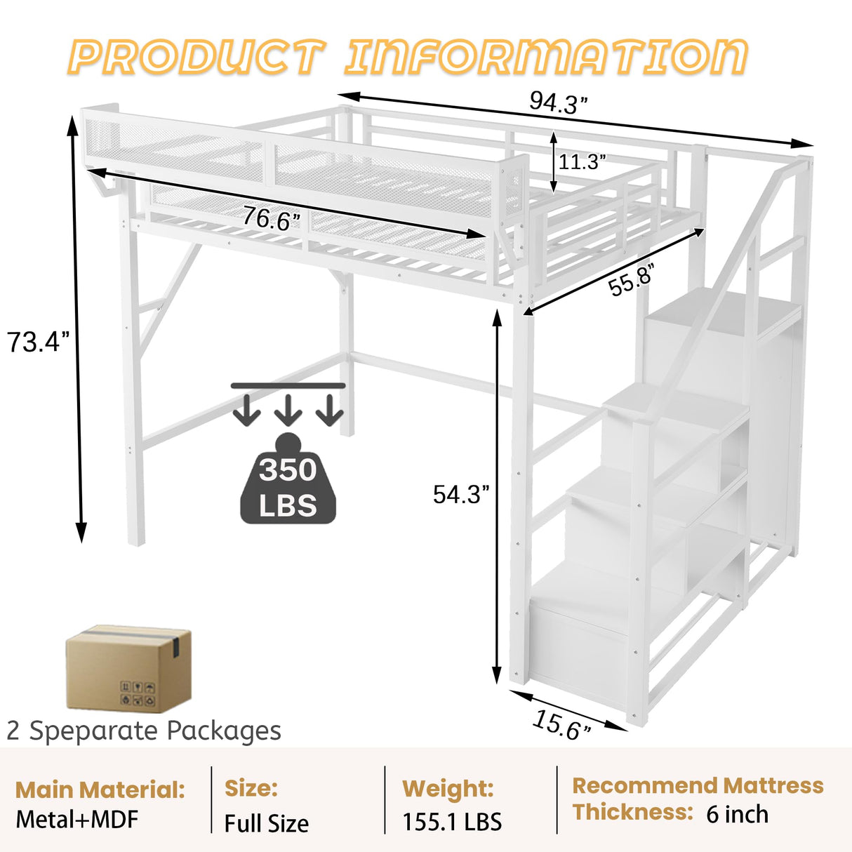 Mirightone Full Size Loft Bed with Stairs, Metal Loft Beds, High Loft Bed Frame with Storage Shelves, Lofted Full Bed with Wardrobe for Kids and Teens, No Box Spring Needed (White) Mirightone