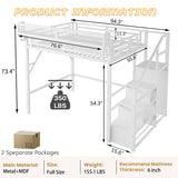 Mirightone Full Size Loft Bed with Stairs, Metal Loft Beds, High Loft Bed Frame with Storage Shelves, Lofted Full Bed with Wardrobe for Kids and Teens, No Box Spring Needed (White) Mirightone