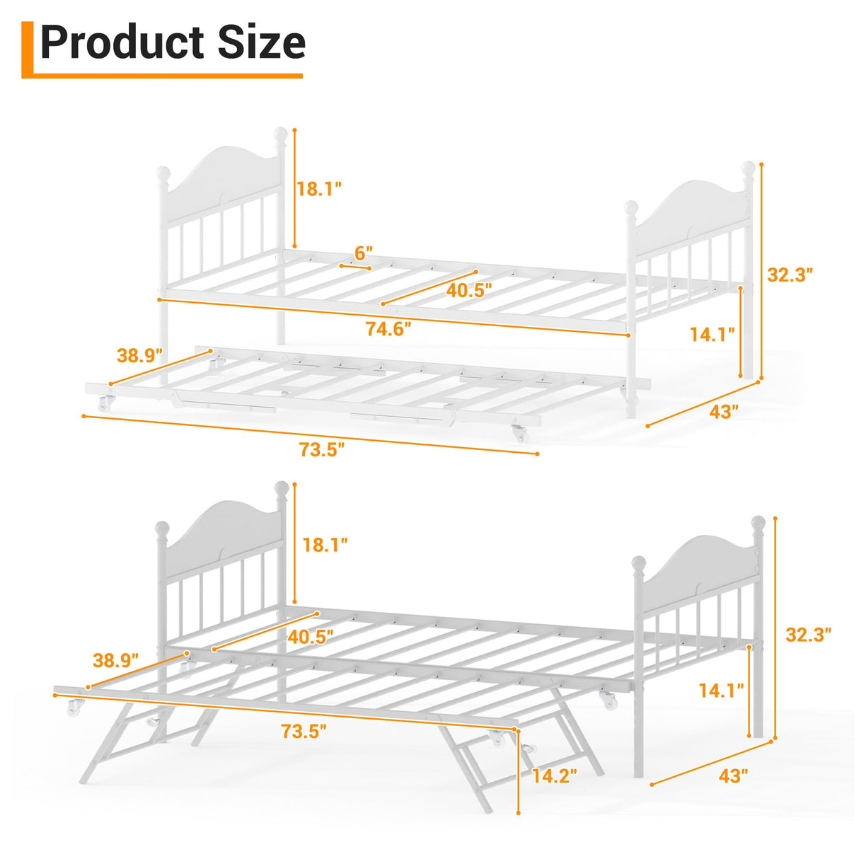 GAOMON Twin Daybed with Trundle, Sturdy Metal Foldable Bed Frame, Metal Double-Sized Sofa Bed, Heavy-Duty Steel Bed Frame, Suitable for Living Rooms, Bedrooms and Guest Rooms, White GAOMON