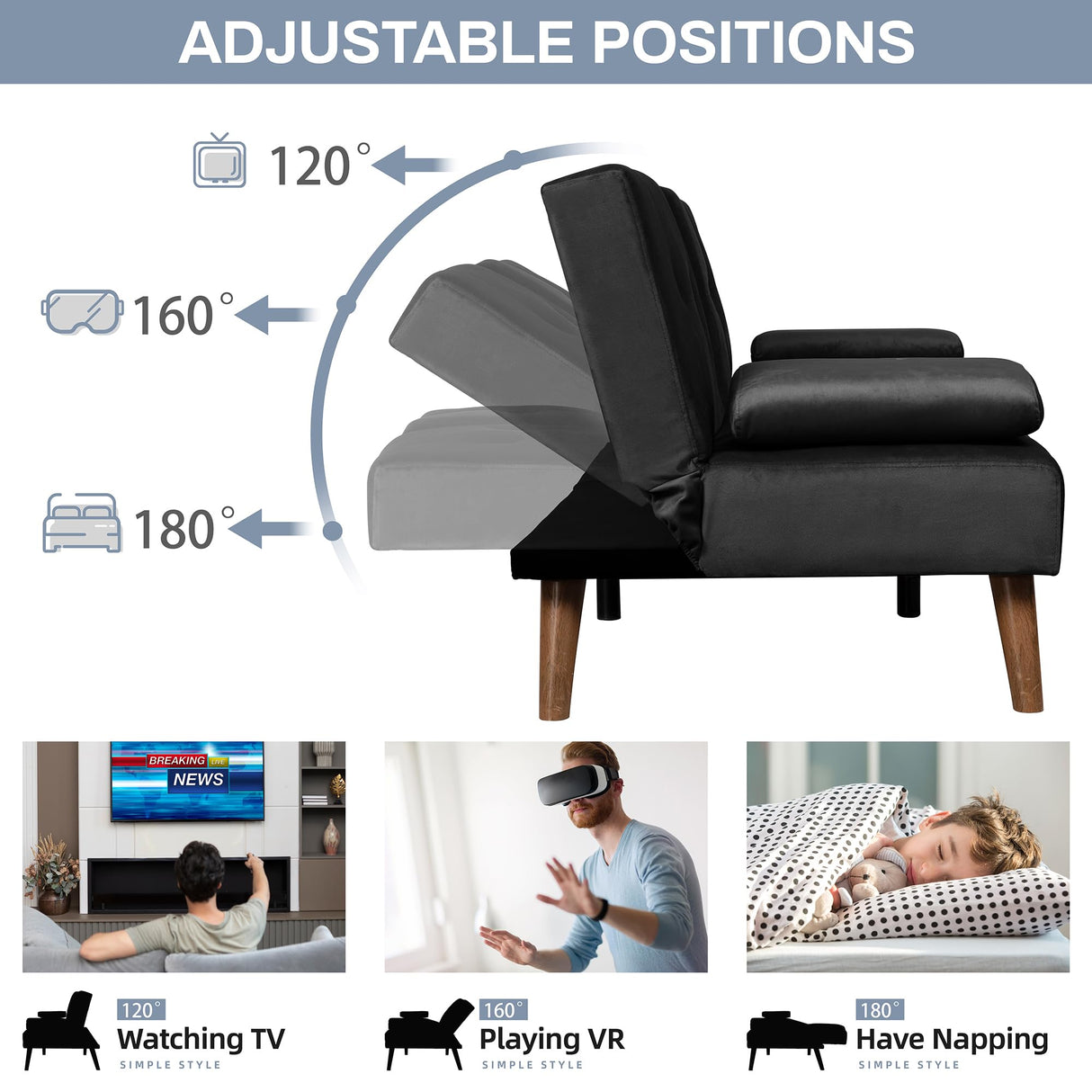 JAMFLY Futon Couch Sofa Bed Convertible, Small Sleeper Sofa Chair Loveseat with Cup Holder for Small Spaces, Living Room, Bedroom, Gameroom, Apartment, Dorm (Black) JAMFLY