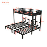 Janusline Twin Over Twin Bunk Beds for 3, Metal Triple Bunk Bed with Full-Length Guardrail and Ladder, TwinXL Over Bedframe for Teens and Adults, Convertible 3 Beds, No Box Spring Needed, Black Janusline