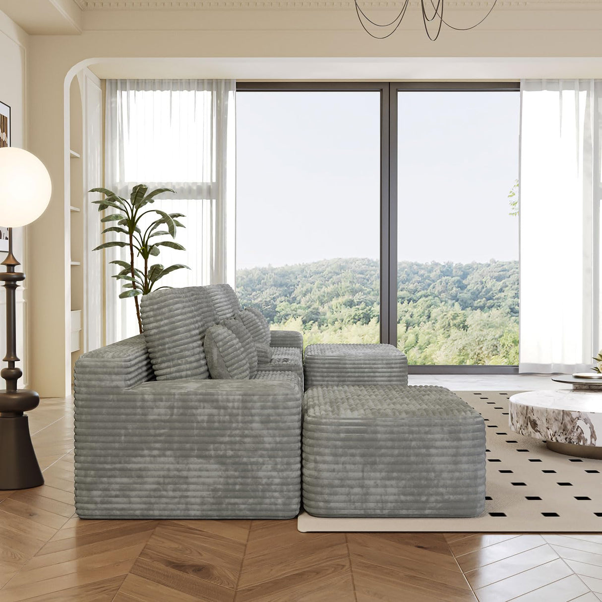 KEIKI 150" U-Shaped Oversized Corduroy Modular Sectional Sofa with 2 Ottomans and Multi Functional Console, 6-Seater Upholstered Couch with USB and 2 Cup Holder, Easy Assembly, for Living Room, Grey KEIKI