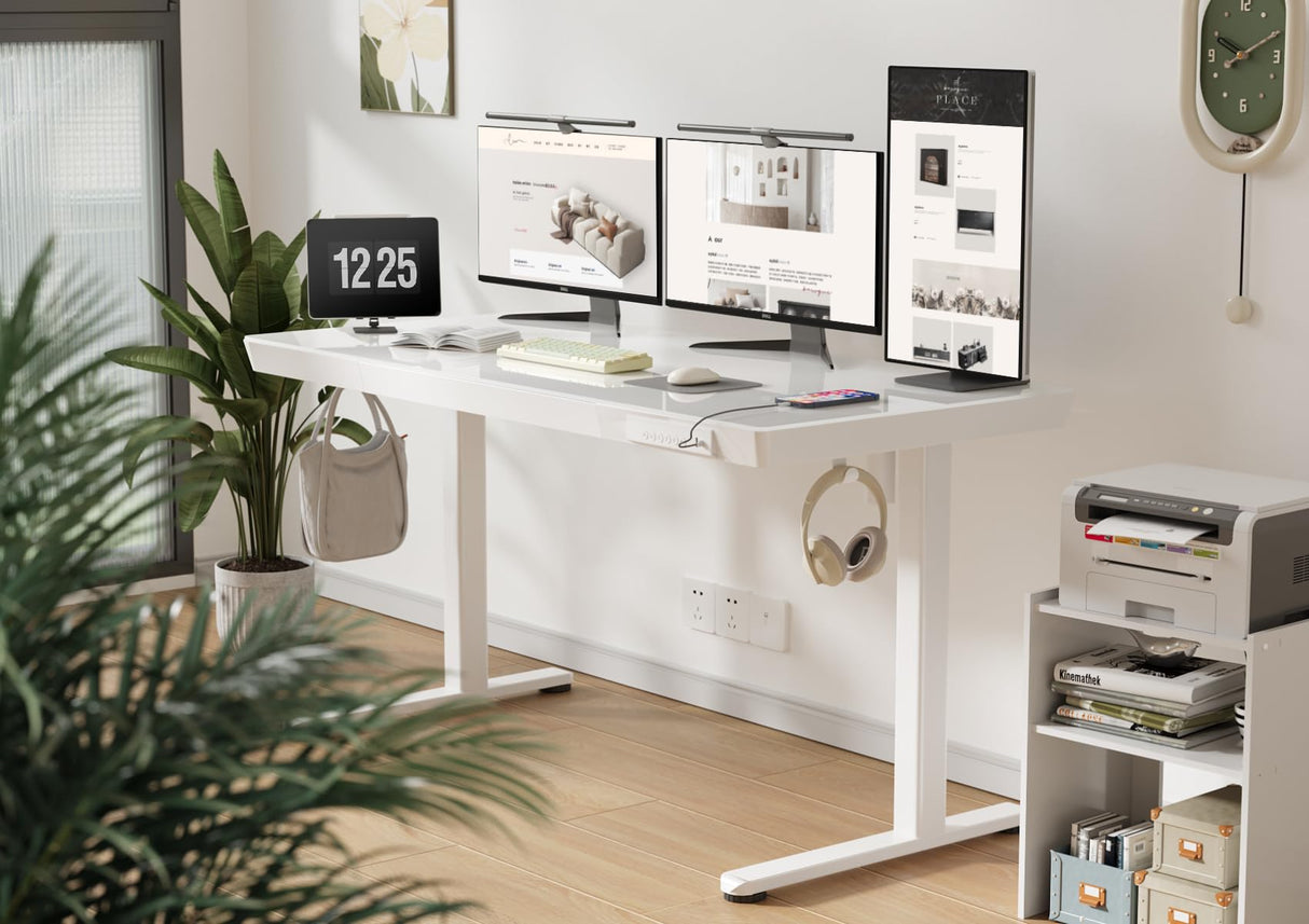 Claiks Glass Standing Desk with Drawers, 55 Inch Adjustable Stand Up Desk, Quick Install Home Office Computer Desk with USB Ports, White Claiks