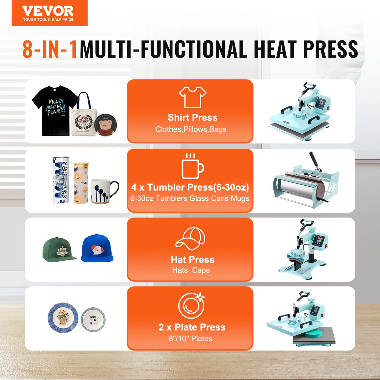 VEVOR 15x15 Heat Press Machine 8 in 1 Combo with 30 OZ Tumbler Press & Hat Press, Slide Out Heat Press Sublimation Machine for T-Shirts, Hats Caps Tumblers Glass Cans Mugs, and Plates (Light Green) VEVOR