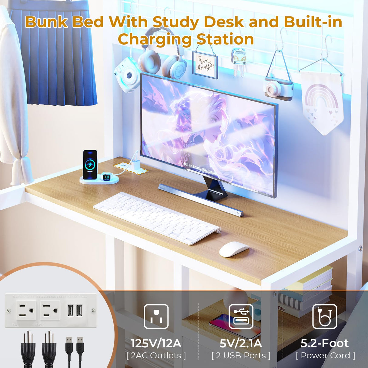 DICTAC Twin Size Bunk Bed with Desk and Charging Station Metal Loft Bed with Led Lights & Storage Shelves and Drawers L-Shaped Twin Over Twin Size Bunk Bed for Teen,Safety Guardrail and Ladder,White DICTAC