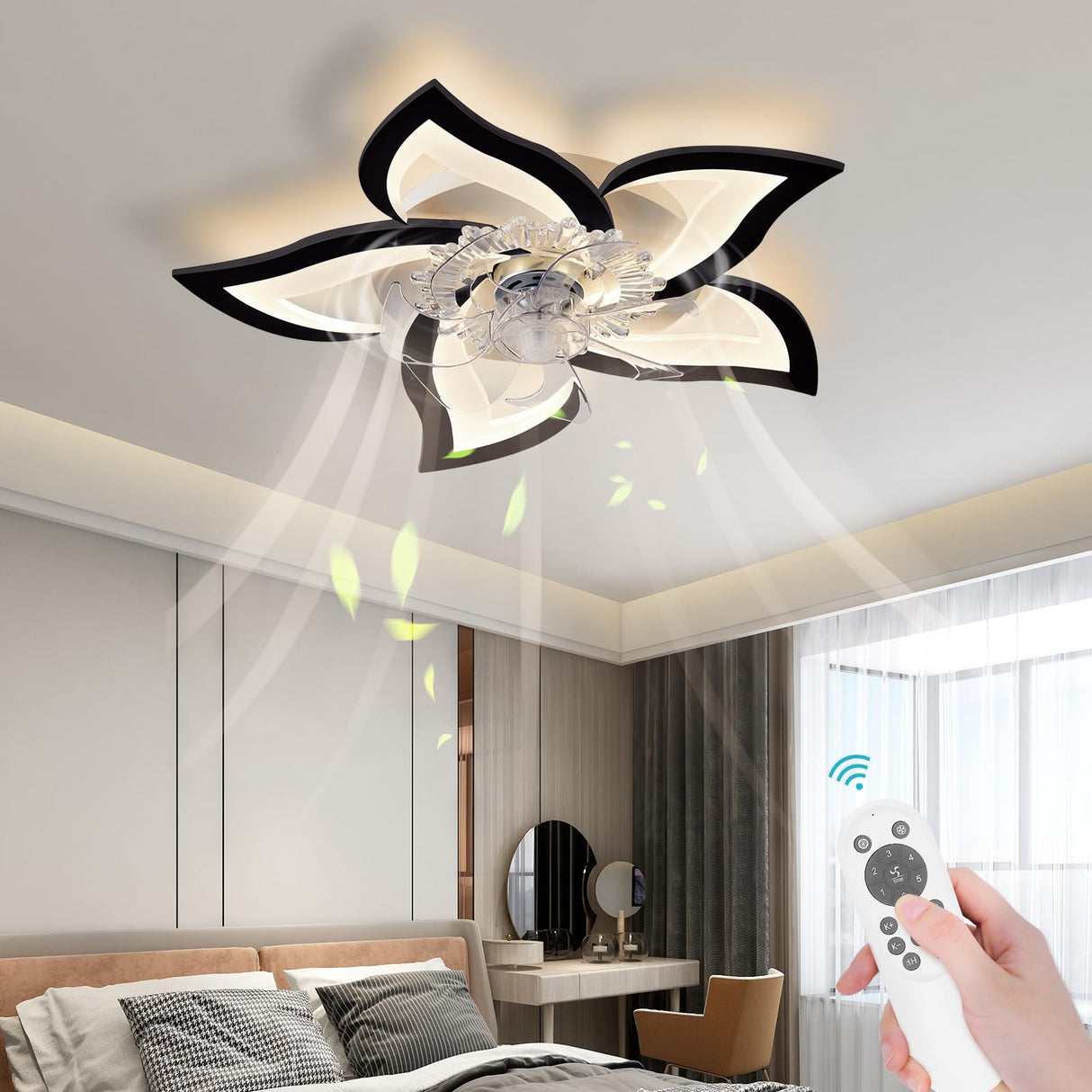 Bevenus Low Profile Ceiling Fans with Lights,27.2” Black Modern Dimmable Flower Shape Ceiling Light Fan with Remote Control/app Control,Timing 6 Gear Speeds Fan Ceiling Lamp. Bevenus