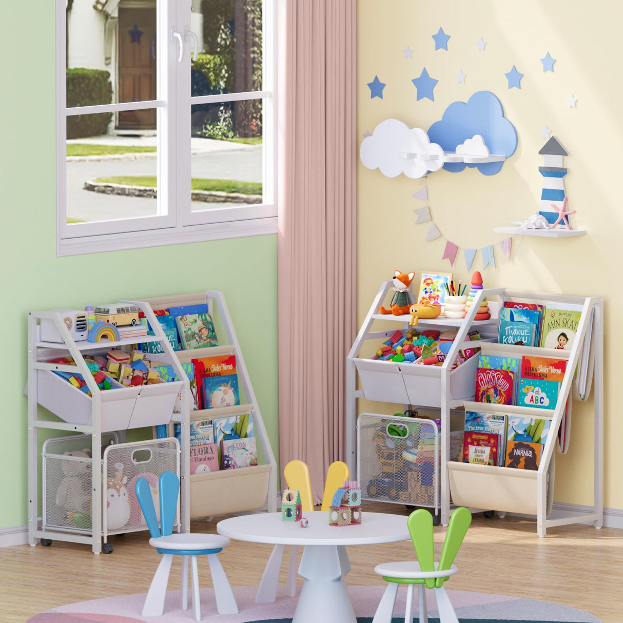 Kids Bookshelf and Toy Storage Organizer - 3 Tier Book Shelf for Kids Rooms with Movable Drawer, Kid Bookcase with 2 Toy Bins, Toddler Baby Childrens Bookshelf, for Bedroom Playroom Classroom (White) LATIBELL