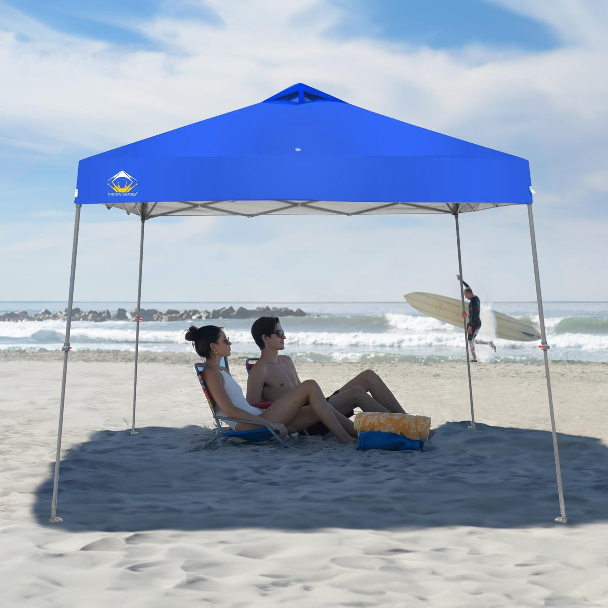 CROWN SHADES 9x9 Pop Up Canopy - Beach Tent with One Push Setup - Easy Outdoor Sun Shade for Events, Parties, Camping - Gazebo with STO-N-Go Cover Bag, Silver Coated Top, Blue CROWN SHADES