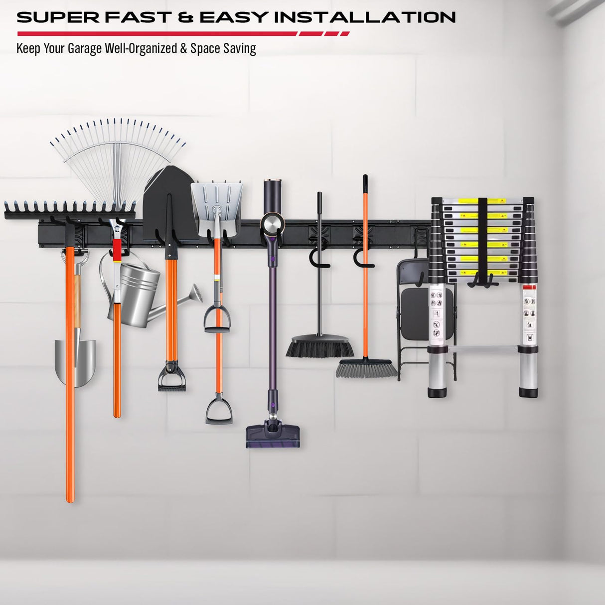 64" Heavy Duty Garage Storage Tool Organizer Wall Mount - Tool Rack with Adjustable Hooks, Anti-Rust, 300lbs Capacity - Easy Installation (4 Racks, 10 Hooks, 3 Straps) SEDY