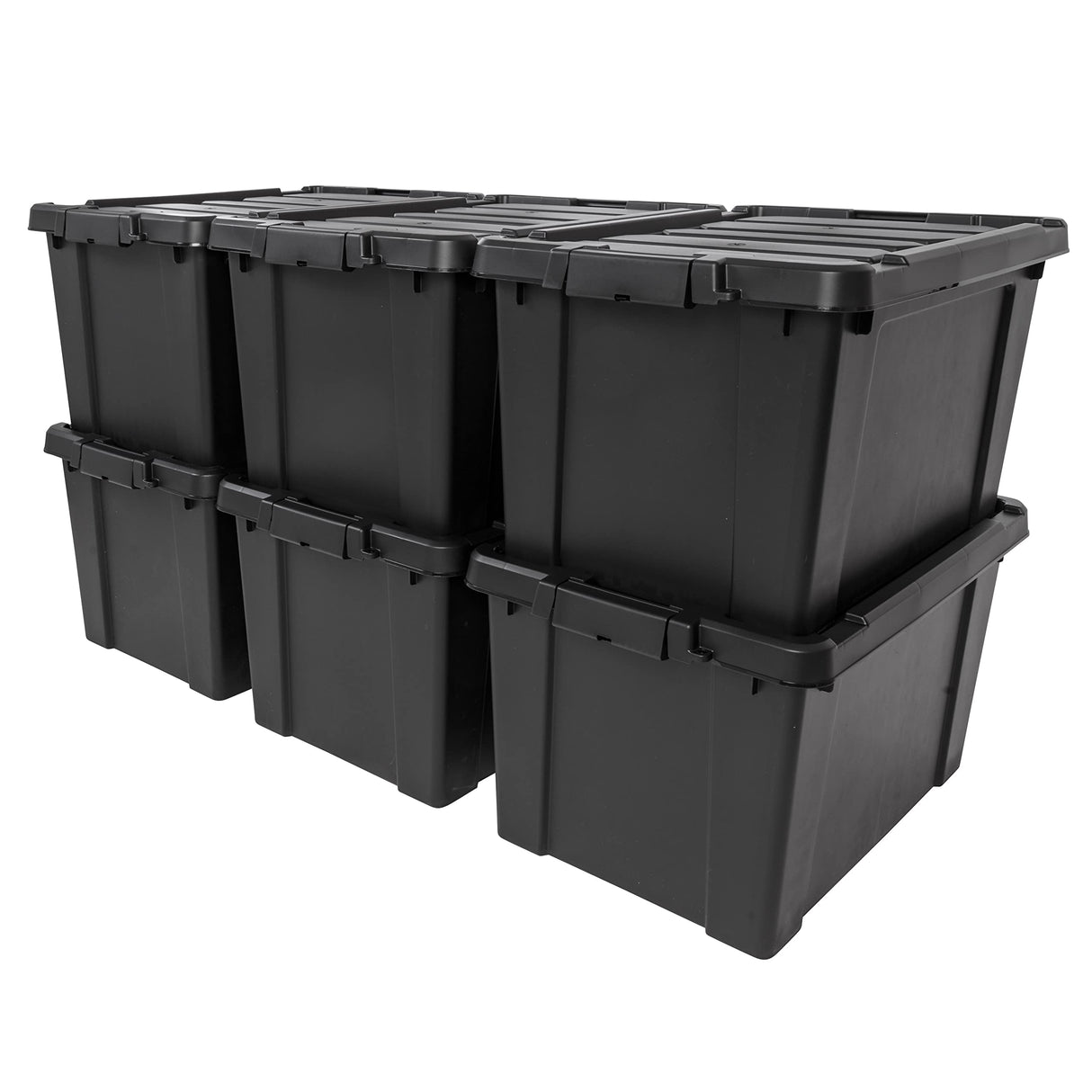 IRIS USA 20 Gallon Lockable Storage Bins with Lids, 6 Pack - Made in USA, Heavy Duty, Stackable Containers, Garage Organizing Bins Moving Tubs, Rugged Sturdy Equipment Utility Box - Black Iris Ohyama