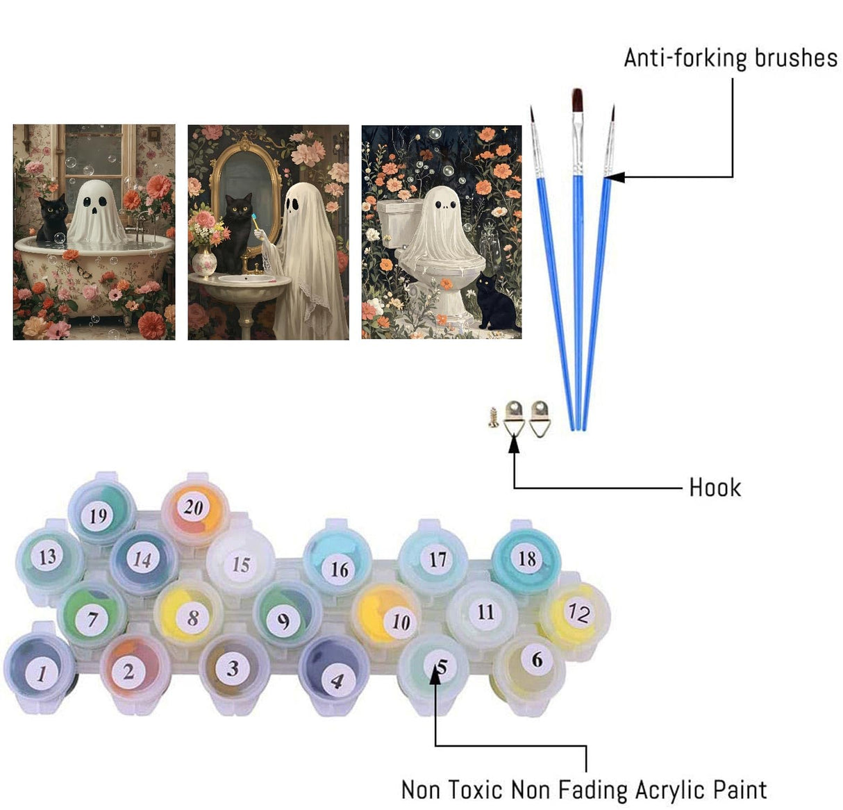 Mrnsiet 3 Pack Ghost Paint by Numbers Kit for Adults, Halloween Ghost Adult Paint by Number Kits on Canvas, Acrylic Bathroom Easy Paint by Numbers for Gift Home Decor 12x16 Inch Mrnsiet