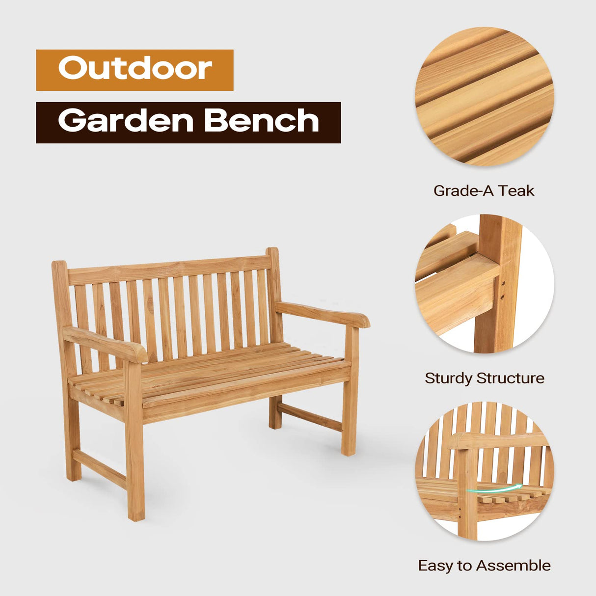 OTSUN A-Grade Natural Teak Bench - Outdoor Garden Bench with Curved Backrest & Arch Armrest, Patio Bench - All-Weather 100% Solid Teak Wood 2-Person Park Bench for Yard, Lawn OTSUN
