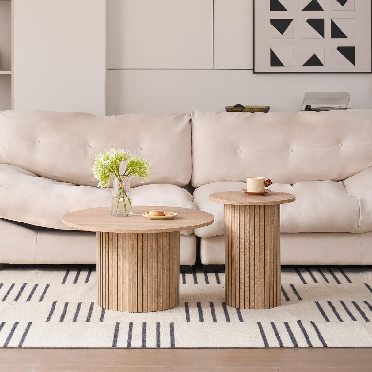 Valivestia Round Nesting Coffee Tables Set of 2, Mid Century Modern Small End Table with Fluted Style Drum Side Tables, Wood Slat Side Table Set for Living Room Bedroom Balcony Office Valivestia