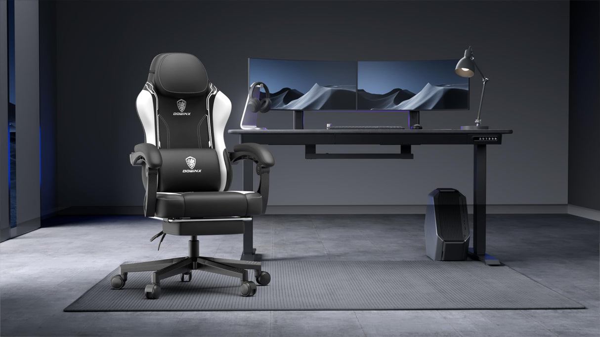 Dowinx Gaming Chair with Pocket Spring Cushion for Adults, Ergonomic Computer Chair with Footrest and Massage Lumbar Support, High Back Leather Game Chair for Office, Gaming, 300LBS, White Dowinx