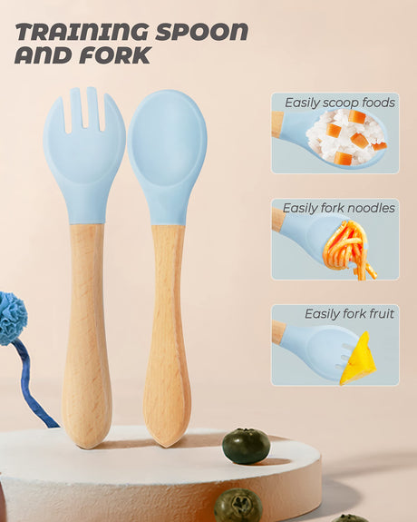 10 pcs Baby Spoons and Forks, First Stage Baby Led Weaning Spoons, Chewable Baby Utensils for Self-Feeding, Bamboo and Silicone Baby Utensils, Kids Utensils for Over 6 Months Babies DF DUALFERV