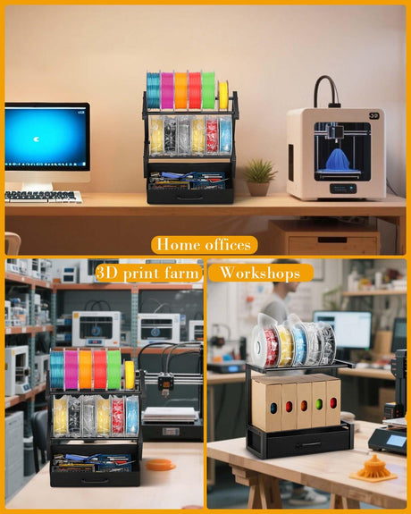 2-Tier Desktop Filament Storage Rack with Fabric Drawer - 3D Printer Filament Spools Holder Shelf for PLA/ABS/TPU Filaments, Tabletop Organizer for Home Office, Workshop Studio (Black Single Row) Rackgolfic
