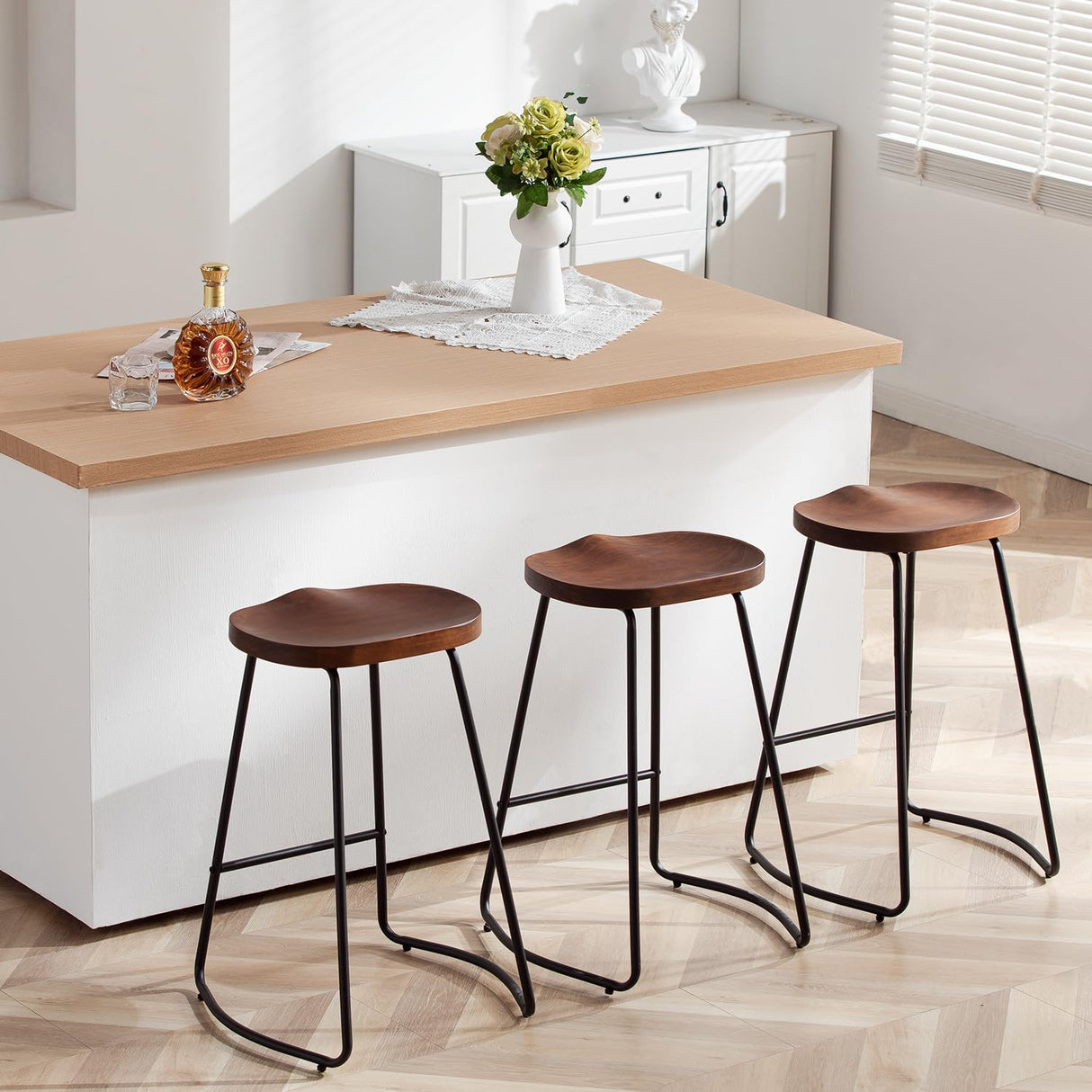 HeuGah Bar Stools Set of 3, Solid Wood Counter Height Bar Stools 26 Inch Barstool Chair for Kitchen Island Rustic Saddle Seat Backless Stools with Metal Leg (Walnut, 3 PCS 26Inch Counter Chair) HeuGah