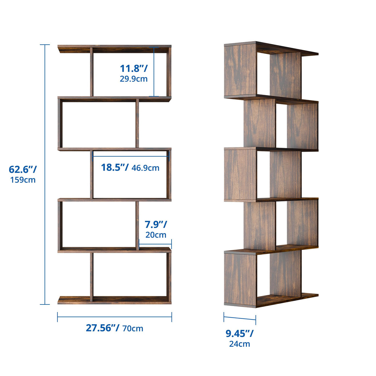 Cozy Castle Set of 2 Geometric Bookcase, S-Shaped Modern Bookshelf, Room Divider Bookshelf, 62" Tall Unique Abstract Bookcase with 5-Tier Display Shelf for Living Room Office, Rustic Brown Cozy Castle