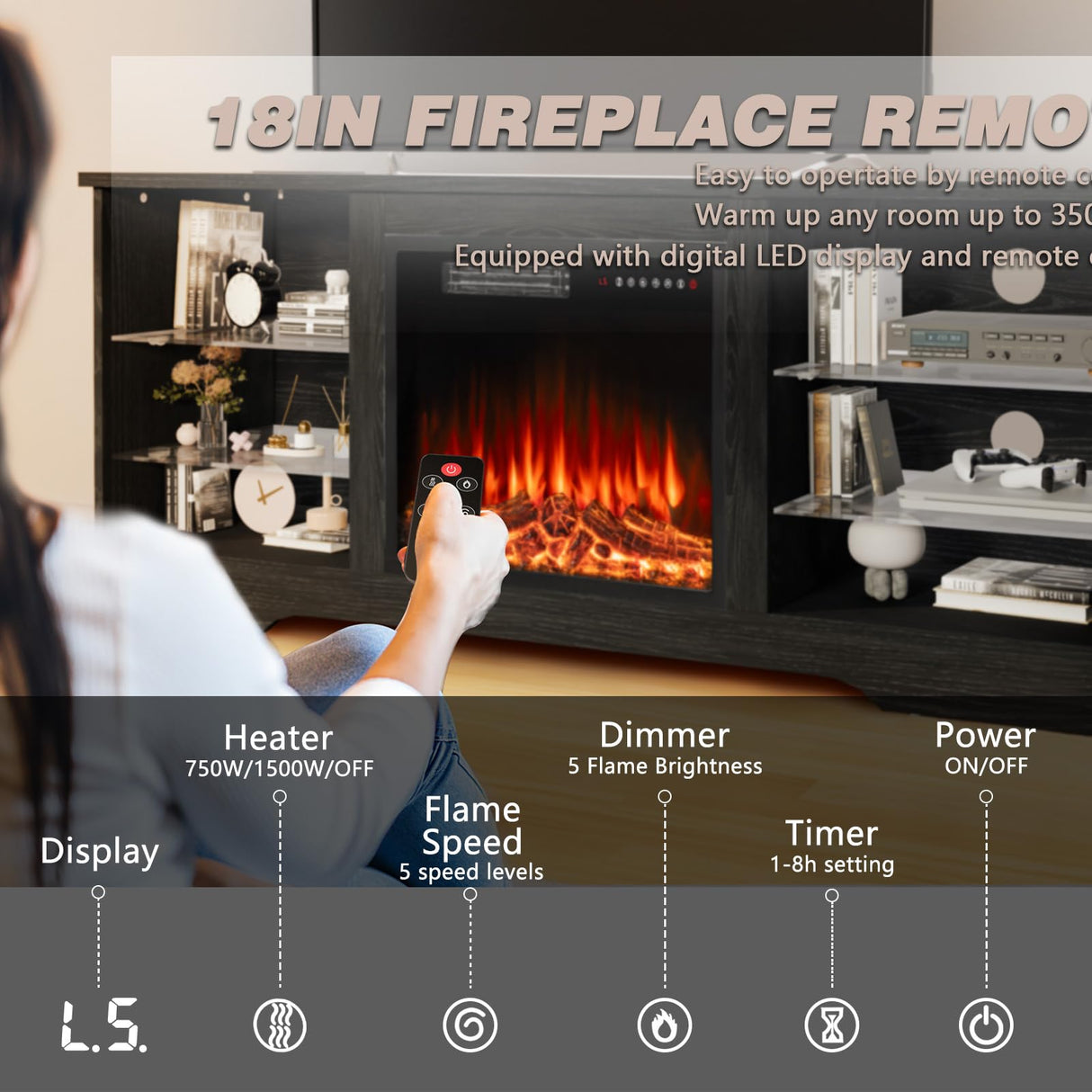 LEMBERI 58 Inches Fireplace TV Stand for TVs up to 65 Inches Console with 18'' Electric Fireplace & Remote, Wooden Modern Entertainment Center for Living Room with LED Light Glass Shelves (Black) LEMBERI