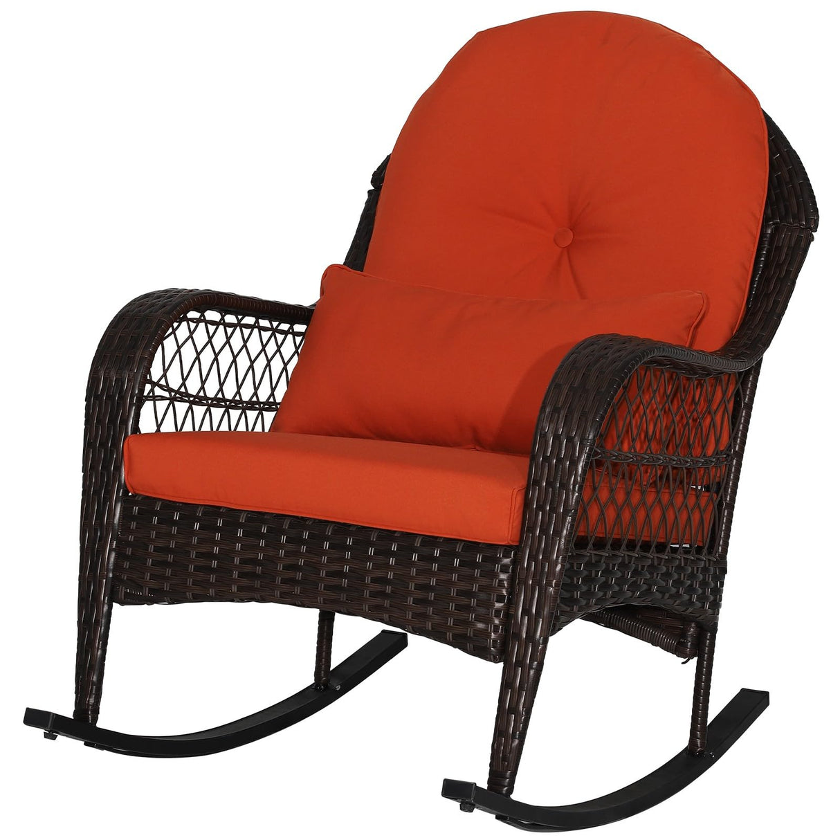 MEDIMALL Outdoor Wicker Rocking Chair, Patio Rattan Rocker w/Lumbar Pillow, Padded Seat & Back Cushions, Metal Frame, Mix Brown Wicker Furniture for Balcony, Porch, Deck, Backyard (Red) MEDIMALL
