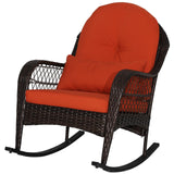 MEDIMALL Outdoor Wicker Rocking Chair, Patio Rattan Rocker w/Lumbar Pillow, Padded Seat & Back Cushions, Metal Frame, Mix Brown Wicker Furniture for Balcony, Porch, Deck, Backyard (Red) MEDIMALL