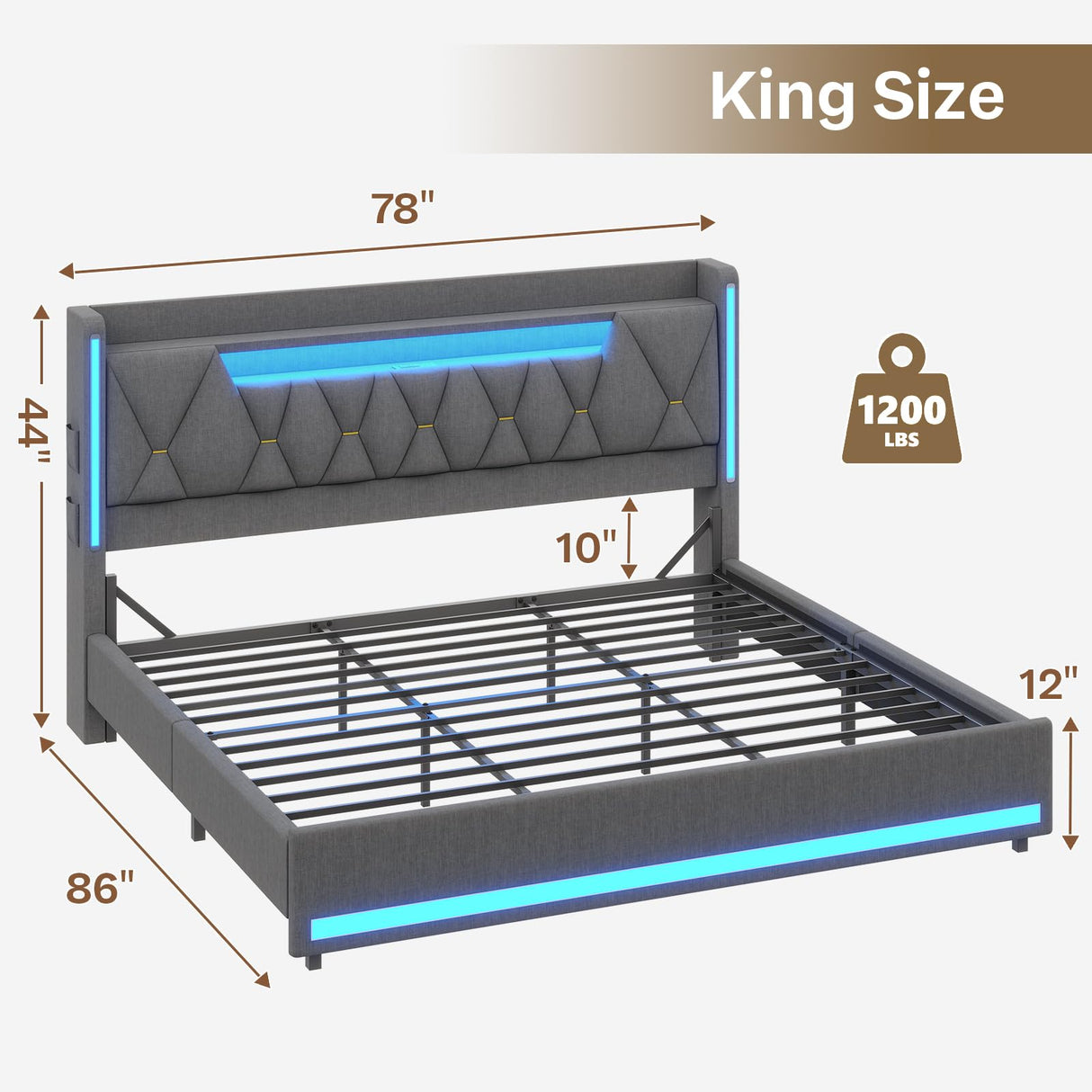 King Size Bed Frame with Storage, Platform Bed Frame King Size with LED Lights, King Bed Frame with Upholstered Headboard & Charging Station, No Box Spring Needed, Noise-Free, Easy Assembly, Gray Tagafi