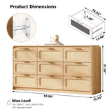 Ieejdn Mid Century Modern Dresser,Rattan 9 Drawers Dresser for Bedroom, 59" Wide Wood Dressers & Chests of Drawers/Curved Profile Design, Natural Texture for Bedroom, Living Room, Warm Wood