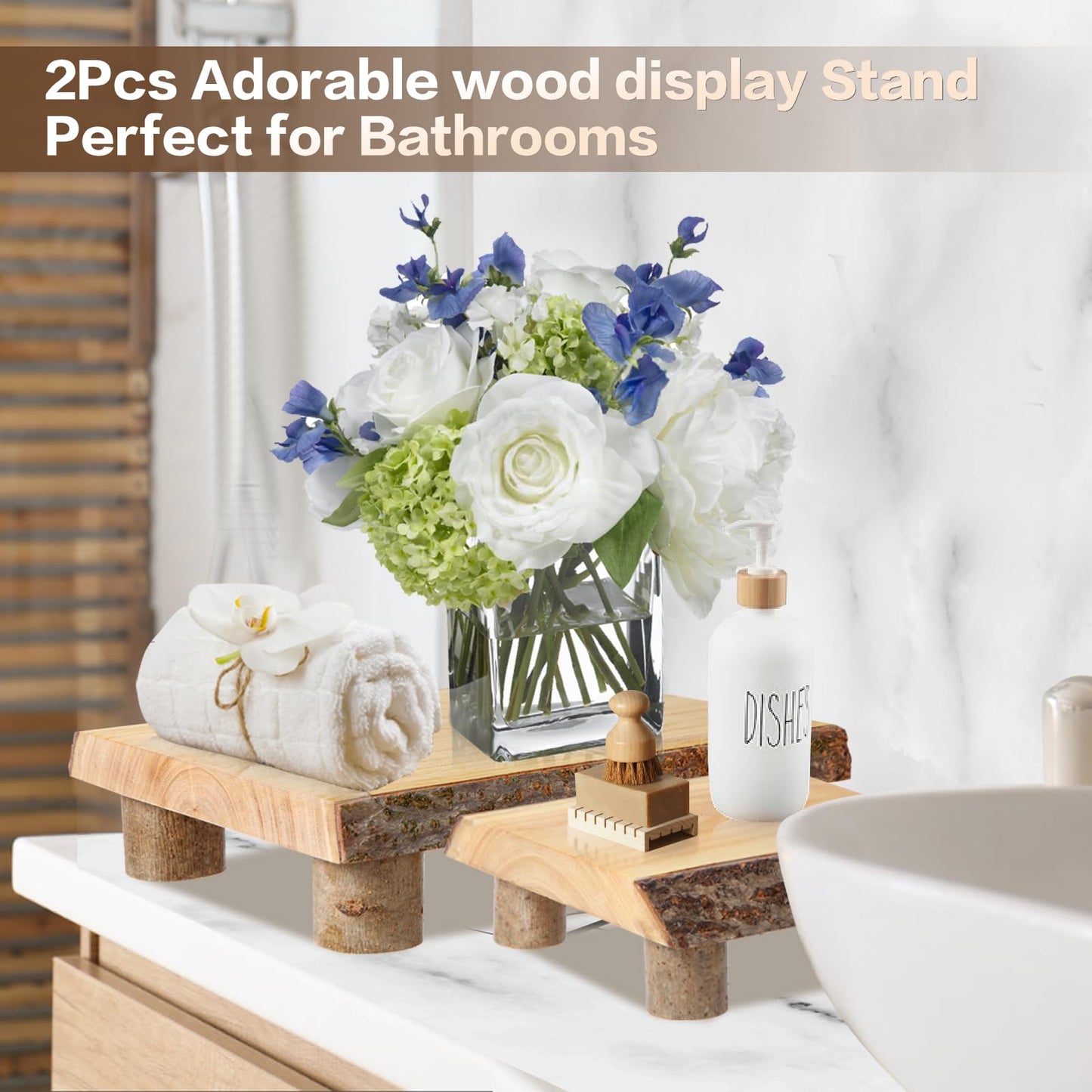 OriCre Farmhouse Display Stand 2PCS Wood Pedestal Stand Nature Decorative Stand Wood Riser for Home Decor,Bathroom Decor kitchen Boho Decor(11.4*7.9+7.9*7.9 In)