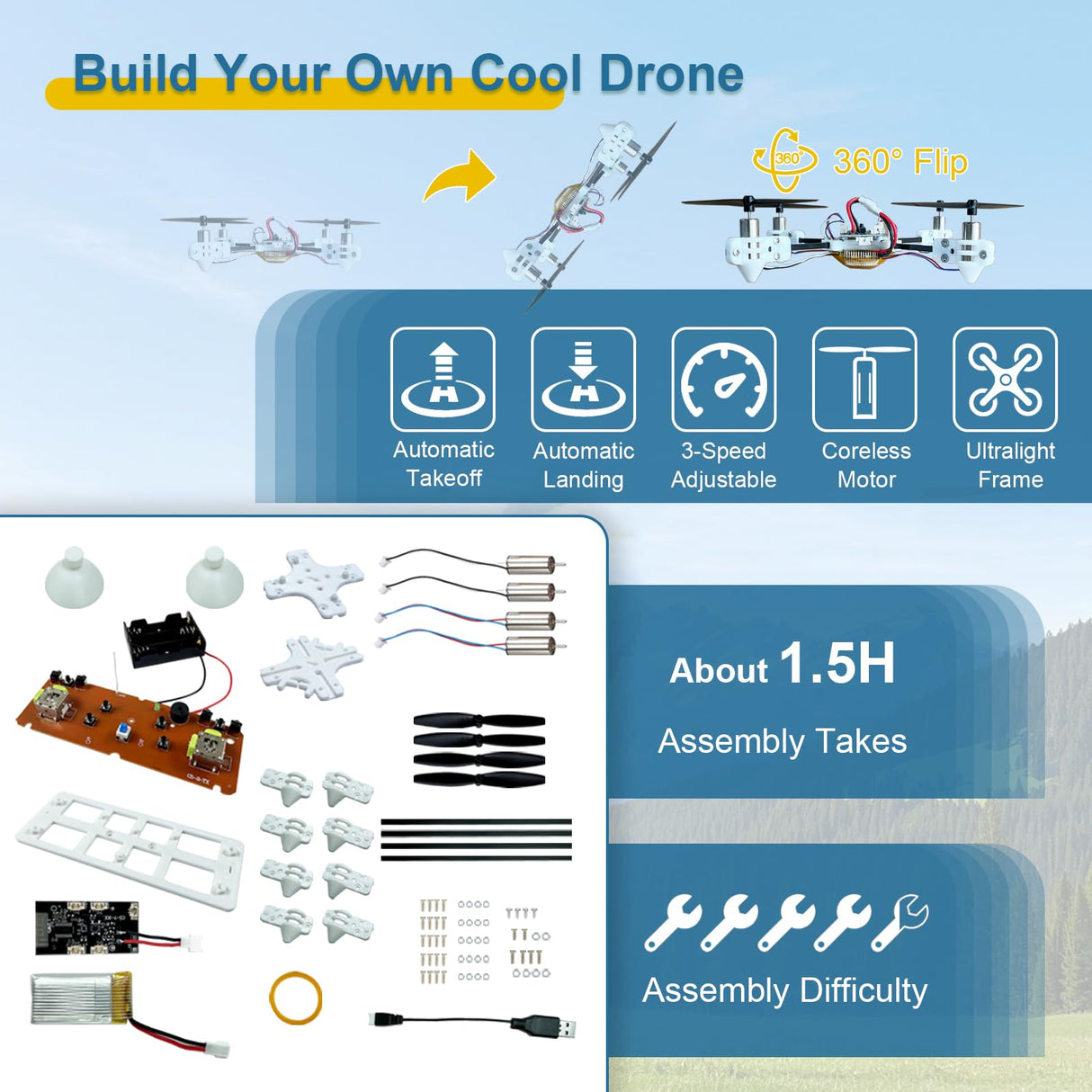 STEM Quadcopter Building Kit with Coreless Motors | Auto Hover Tuning, One-Button Takeoff & 3D Flips | Learn Drone Basics for DIY Enthusiasts and Students (White) EIELEDIY