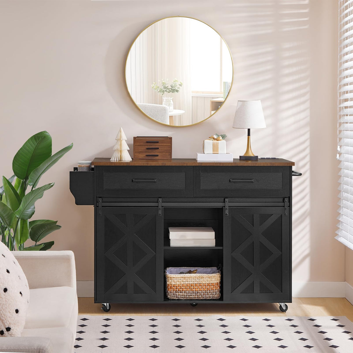 HOOBRO Kitchen Island with Storage, Power Outlet, Rolling Kitchen Island Cart on Wheels, with 2 Drawers, Sliding Barn Doors and Lockable Wheels, Farmhouse, Black BF28UZD01 HOOBRO