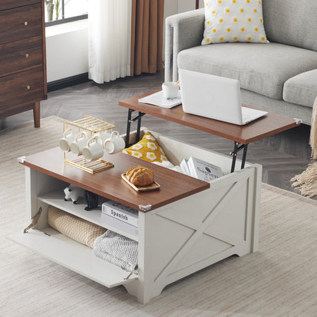 Karl home Coffee Table with Lifting Top, Farmhouse Coffee Table with Storage, Wood Square Coffee Table, Living Room Coffee Table, Center Table, Cocktail Table, 31.5", White Karl home