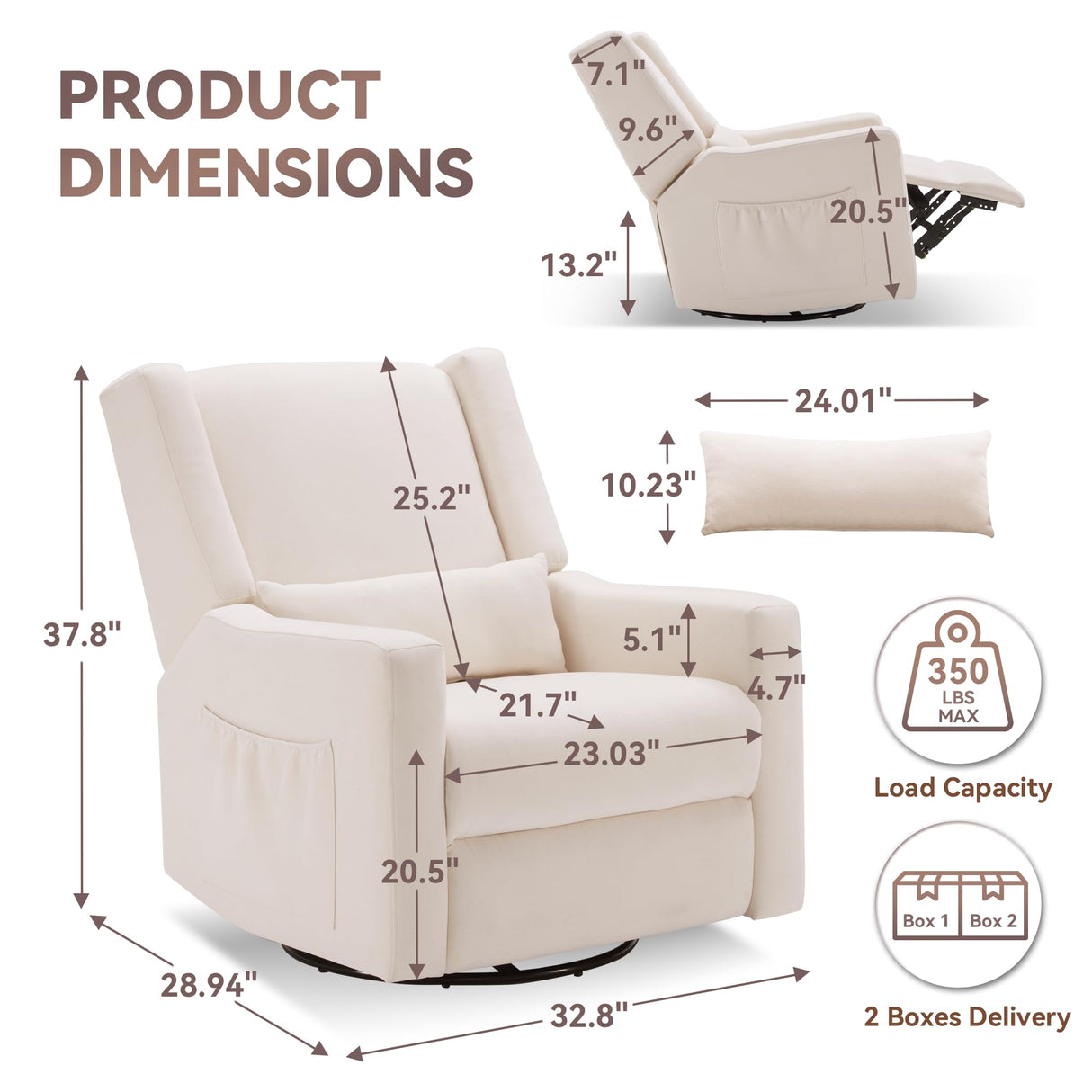 Tbfit 360° Swivel Recliner Chair, Nursery Rocking Chair with Lumbar Support & Footrest for Bedroom, Comfy Upholstered Armchair with Pillows & Storage Bag for Living Room (Beige, Hidden Ring Handle) Tbfit