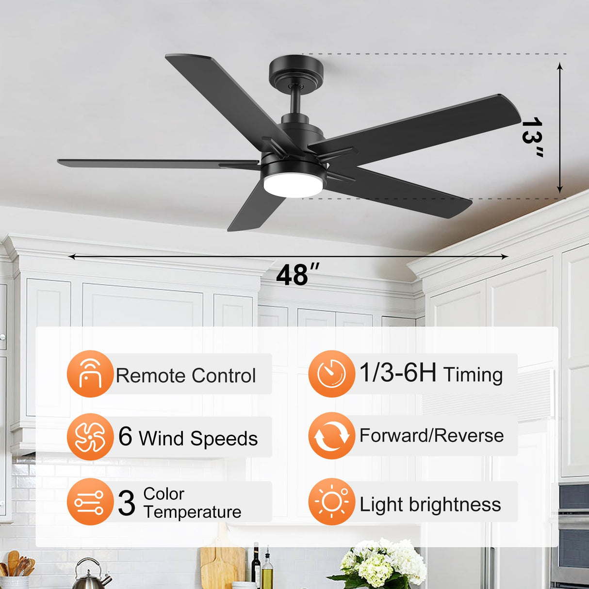 YUHAO 48 Inch Black Ceiling Fan with Light and Remote Control.Noiseless,Dimmable, 3CCT,6 Speeds Reversible, Modern DC Ceiling Fans for Indoor Use YUHAO