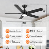 YUHAO 48 Inch Black Ceiling Fan with Light and Remote Control.Noiseless,Dimmable, 3CCT,6 Speeds Reversible, Modern DC Ceiling Fans for Indoor Use YUHAO