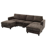 Lesofair 110" Chenille Sectional Sofa with Movable Ottomans, Modular U-Shape Couch with Cup Holders, Convertible 4 Seater Sofa with Well-Filled Backrest Cushions for Living Room, House, Brown Lesofair