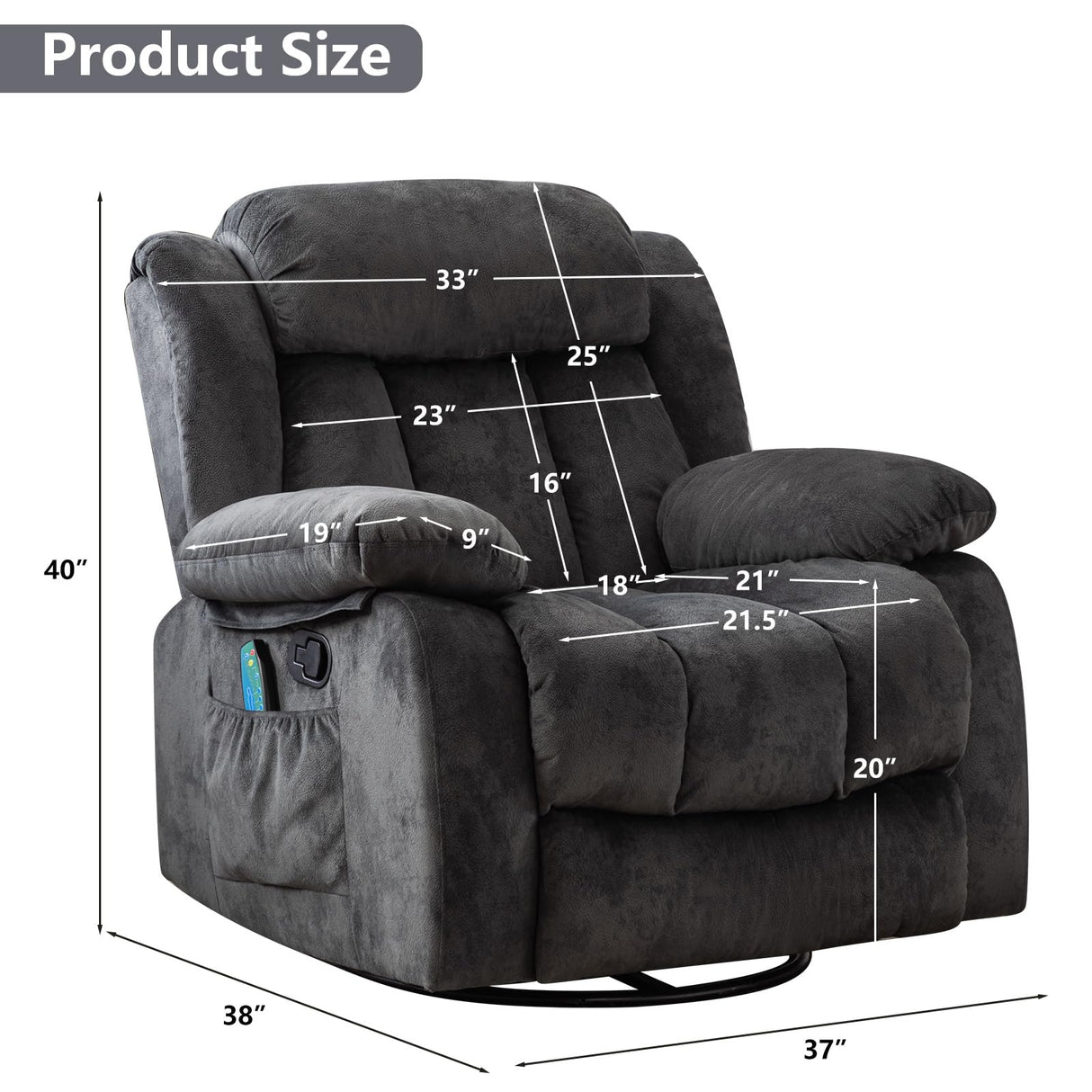 CANMOV Massage Swivel Rocker Recliner Chair with Heat and Vibration,360 Degree Manual Swivel Rocking Recliners with Side Pocket, Comfy Fabric Single Sofa Reclining Chair for Living Room, Grey CANMOV
