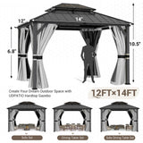 UDPATIO 12'x14'Hardtop Gazebo, Heavy Duty Aluminum Patio Gazebo with Double Galvanized Steel and Polycarbonate Roof,Curtains and Netting Included, Large Outdoor Gazebo for Patio, Deck, Backyard, Grey UDPATIO