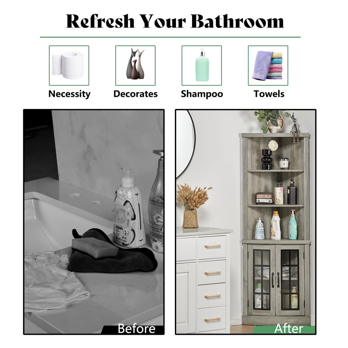 AMERLIFE Curved Corner Storage Cabinet, 65" Tall Freestanding Bookcase with Glass Doors & Adjustable Shelves, 5-Tier Corner Display Cabinet for Living Room, Bathroom, Laundry Room, Washed Grey AMERLIFE