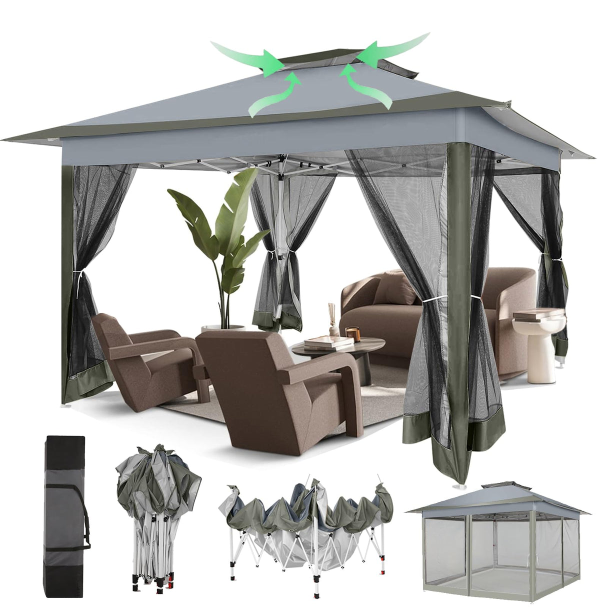 COBIZI 12x12 Pop Up Gazebos On Clearance - Upgrade Easy Up Metal Outdoor Gazebo Waterproof - Portable Gazebo with Mosquito Nettings, 4 Ropes 8 Stakes and Carry Bag for Patio Garden(Dark Gray) COBIZI