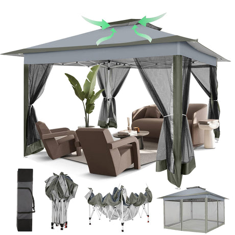 COBIZI 12x12 Pop Up Gazebos On Clearance - Upgrade Easy Up Metal Outdoor Gazebo Waterproof - Portable Gazebo with Mosquito Nettings, 4 Ropes 8 Stakes and Carry Bag for Patio Garden(Dark Gray) COBIZI