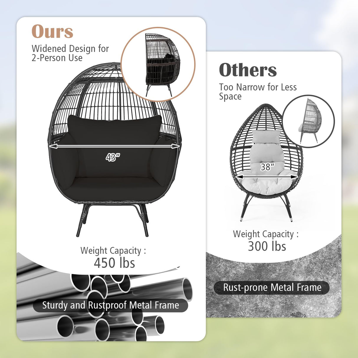 Giantex Oversized Wicker Egg Chair, Outdoor & Indoor Hammock Chair with Thick Cushions, 2-Person PE Rattan Lounge Chair Swing Chair for Patio, Backyard,Porch, 450 LBS Weight Capacity (Black) Giantex