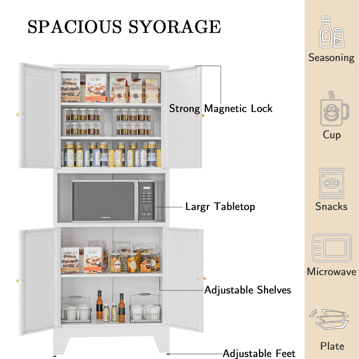 Boegica 69" Tall Modern Kitchen Pantry,Metal Storage Cabinet with Adjustable Shelves,Pantry Storage Cabinet with 6-Tier,Freestanding Cupboard for Kitchen,Dining Room,Living Room,Bathroom,White Boegica